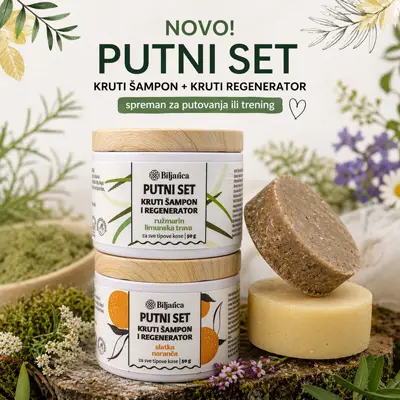 Putni set za kosu kruti &scaron;ampon i regenerator, u metalnoj posudici za prijenos | Biljarica